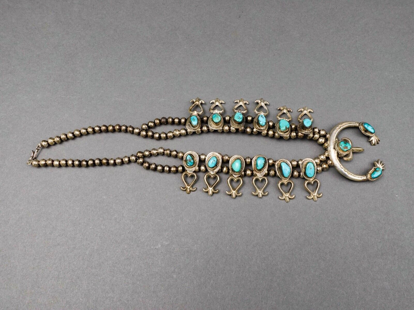 Navajo VIntage Sterling Silver Turquoise Squash Blossom Heart Necklace