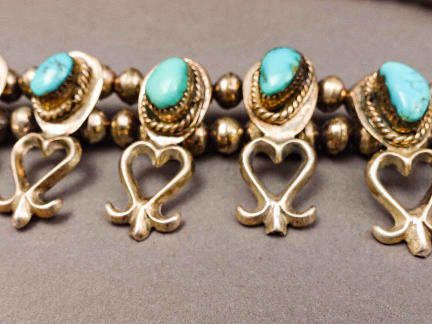 Navajo VIntage Sterling Silver Turquoise Squash Blossom Heart Necklace