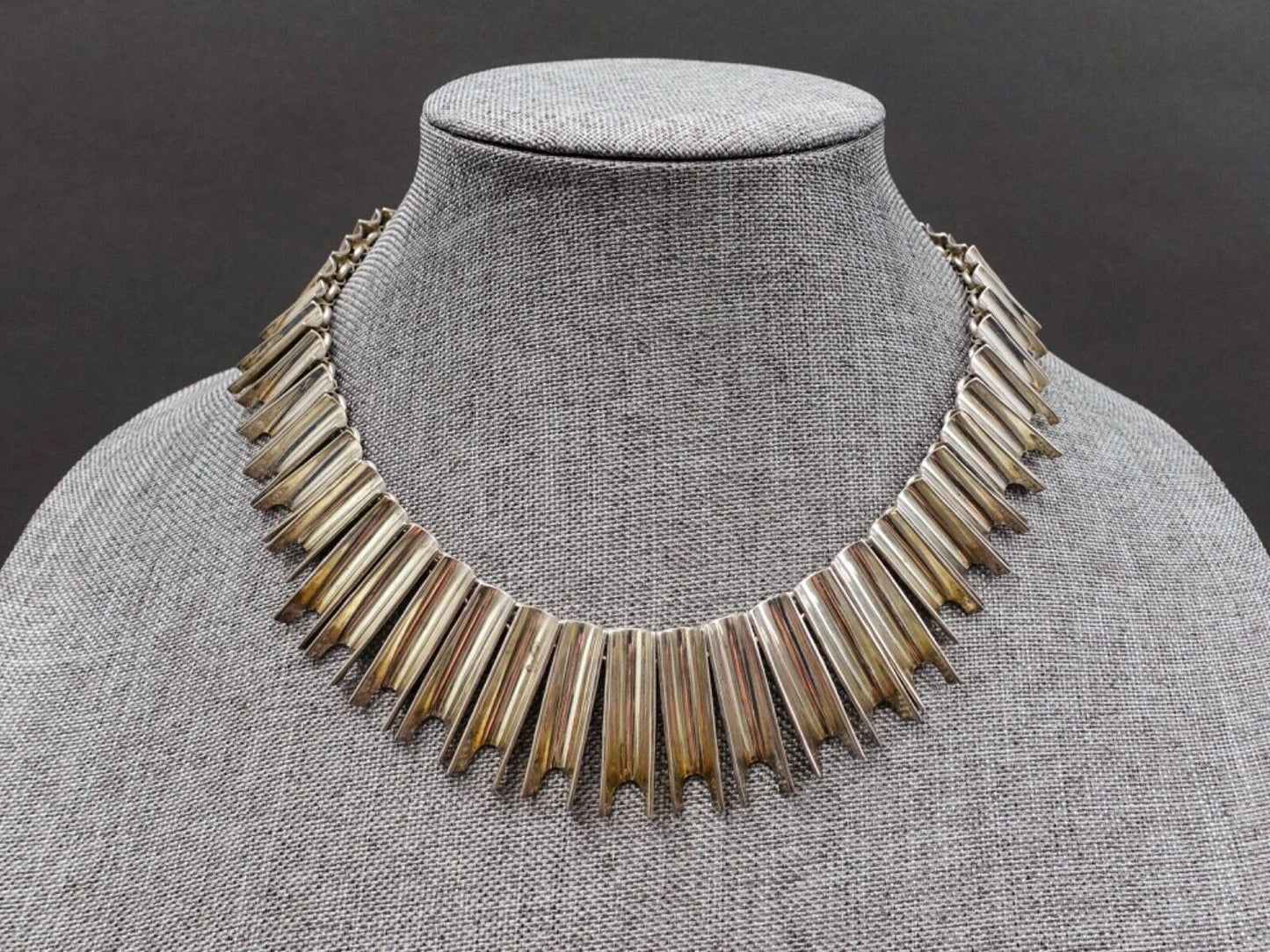 Taxco Mexico Heavy Modernist Sterling Silver Concave Fringe Bib Choker Necklace