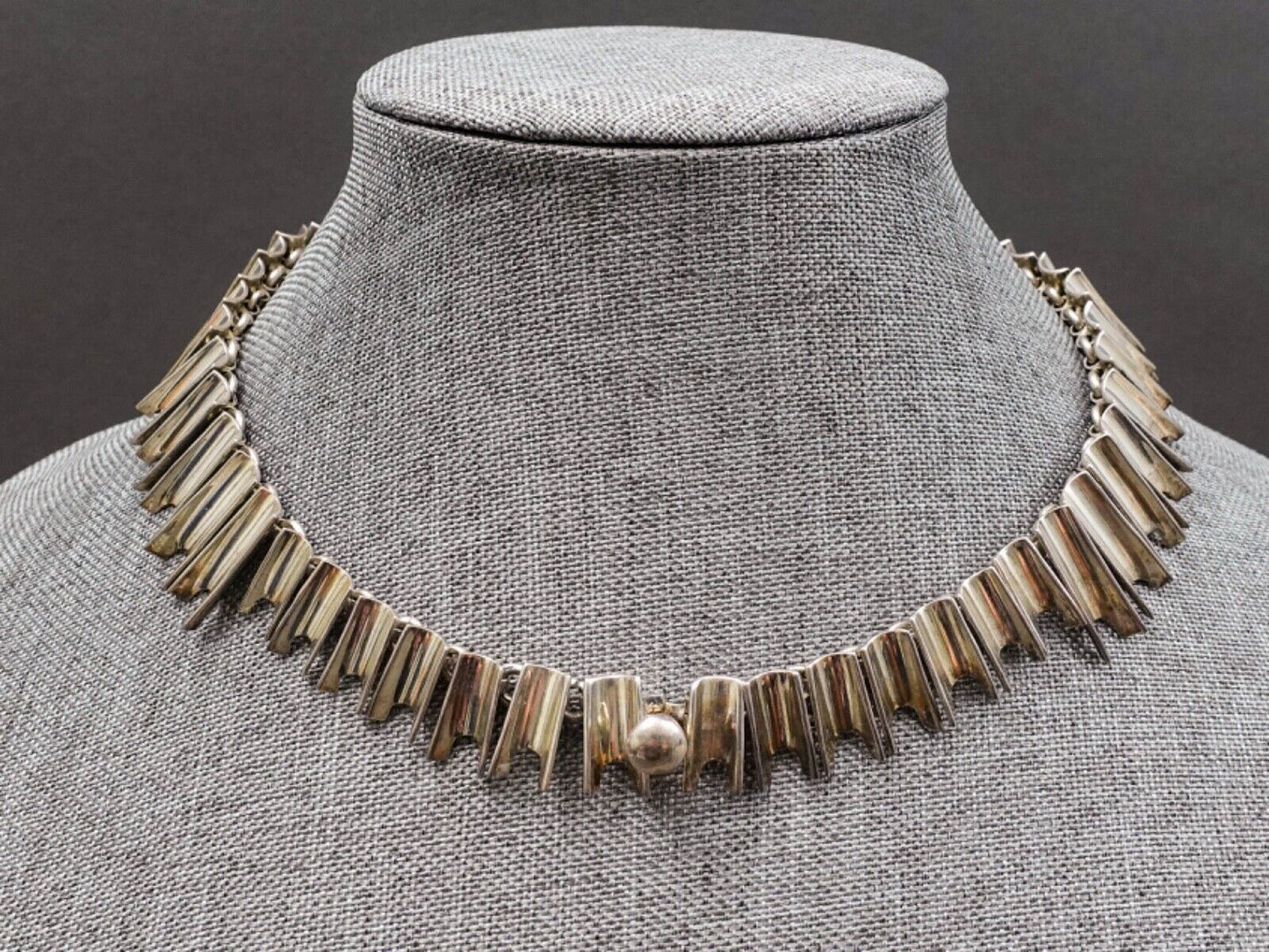 Taxco Mexico Heavy Modernist Sterling Silver Concave Fringe Bib Choker Necklace
