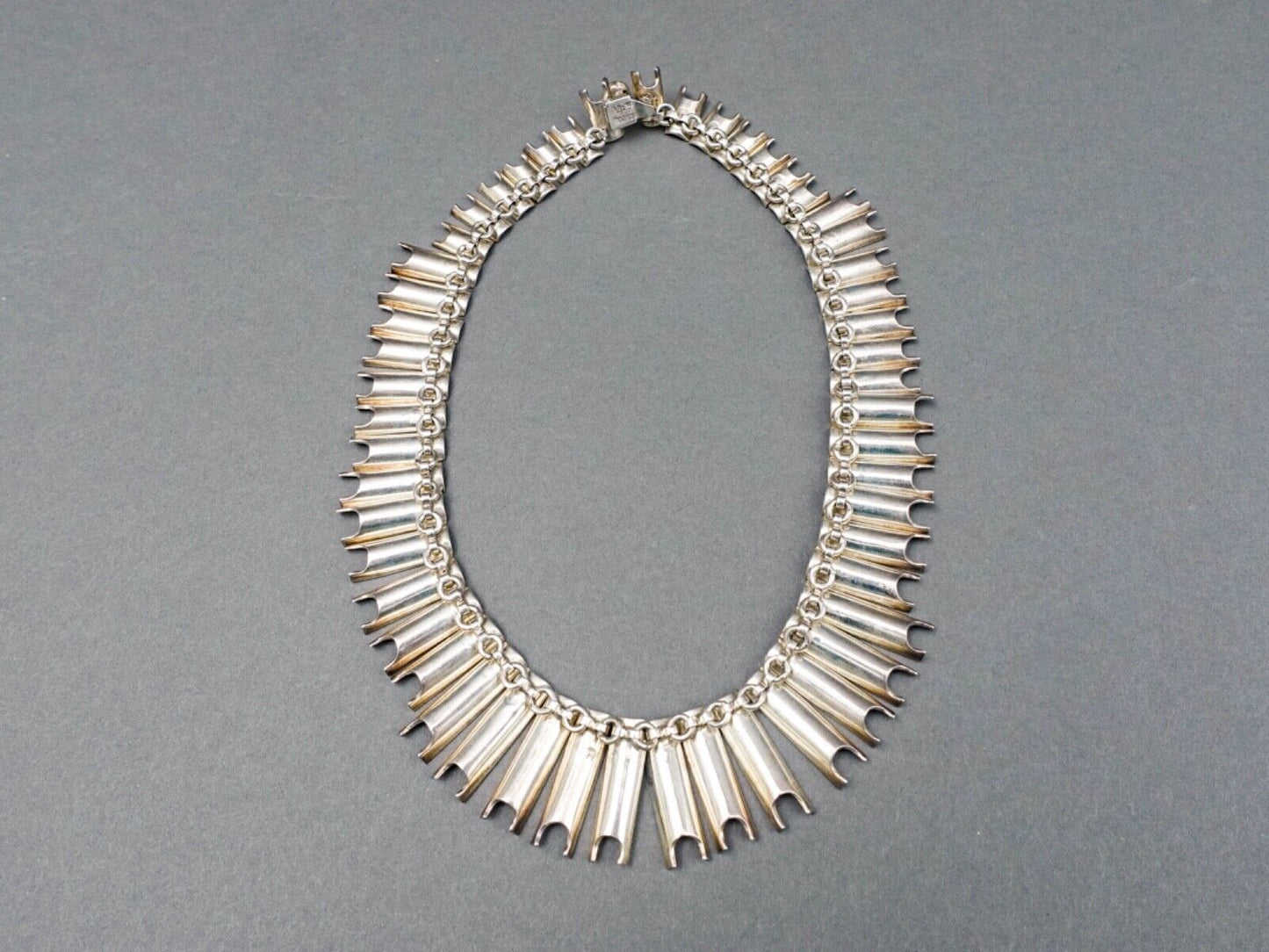 Taxco Mexico Heavy Modernist Sterling Silver Concave Fringe Bib Choker Necklace