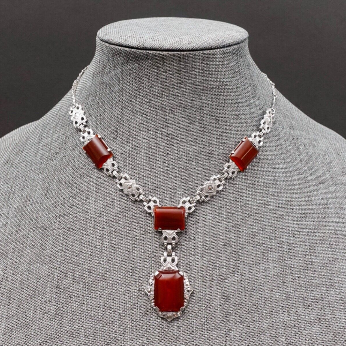 Antique Art Deco Sterling Silver Carnelian Marcasite Y-Drop Necklace 16"