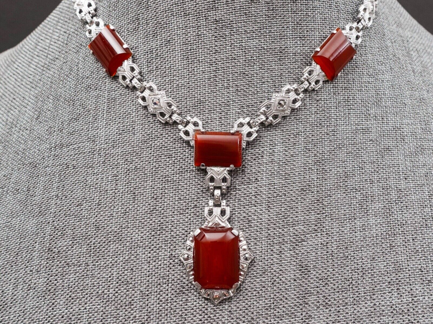 Antique Art Deco Sterling Silver Carnelian Marcasite Y-Drop Necklace 16"