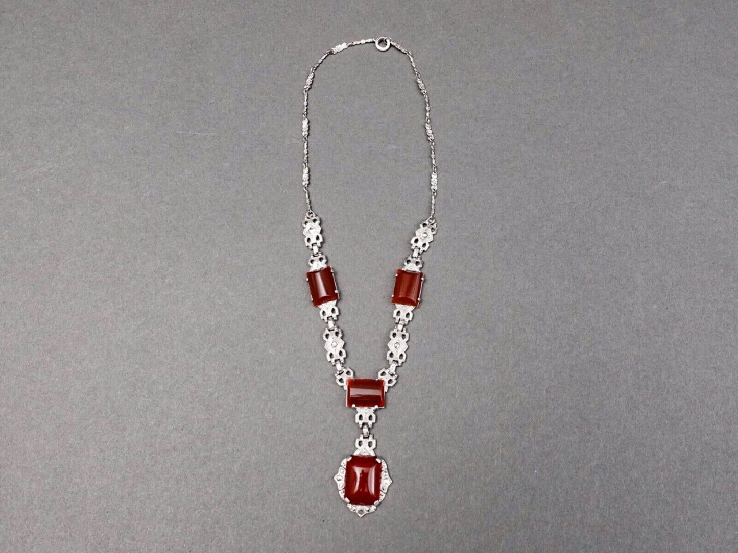 Antique Art Deco Sterling Silver Carnelian Marcasite Y-Drop Necklace 16"