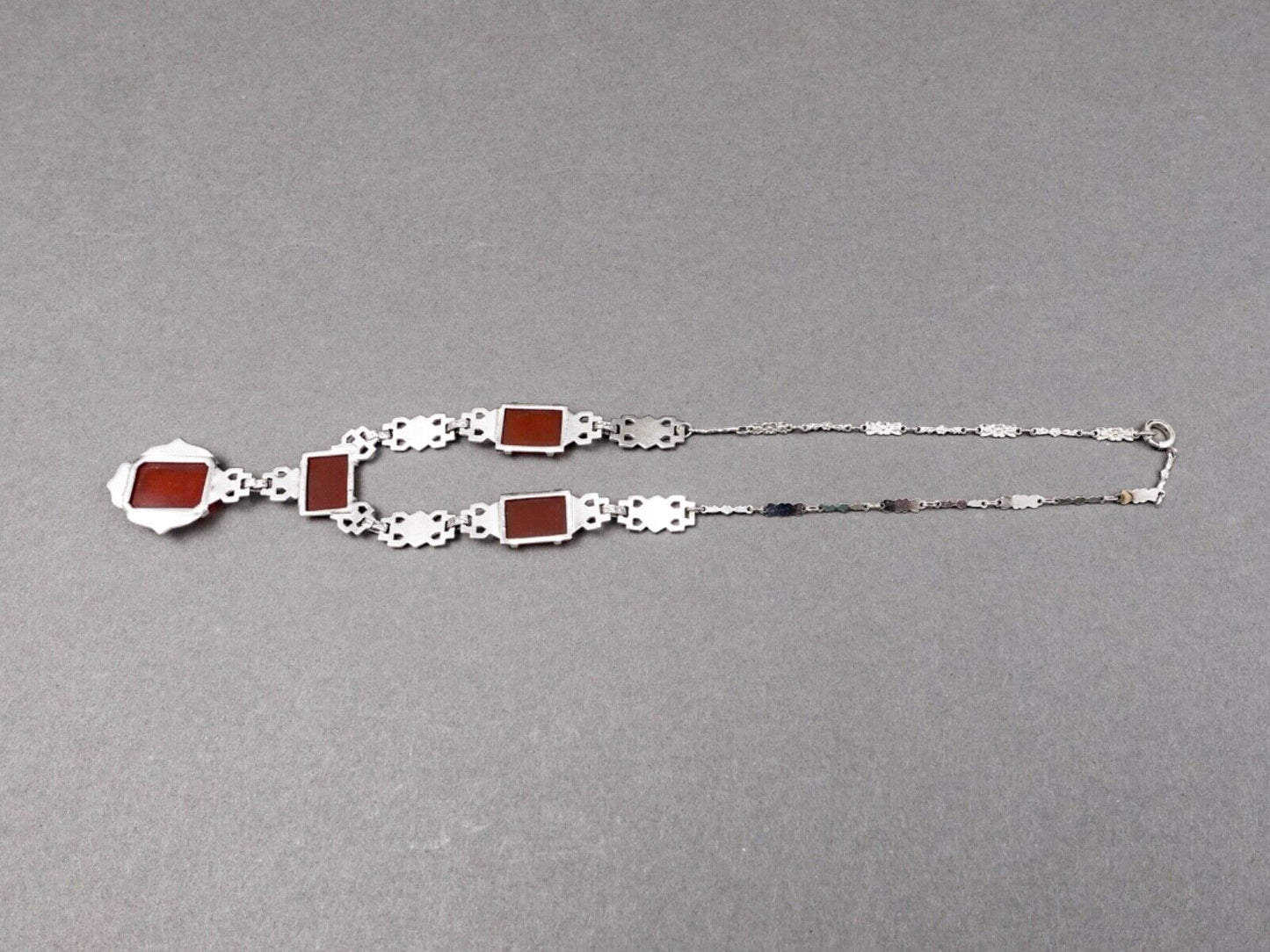 Antique Art Deco Sterling Silver Carnelian Marcasite Y-Drop Necklace 16"
