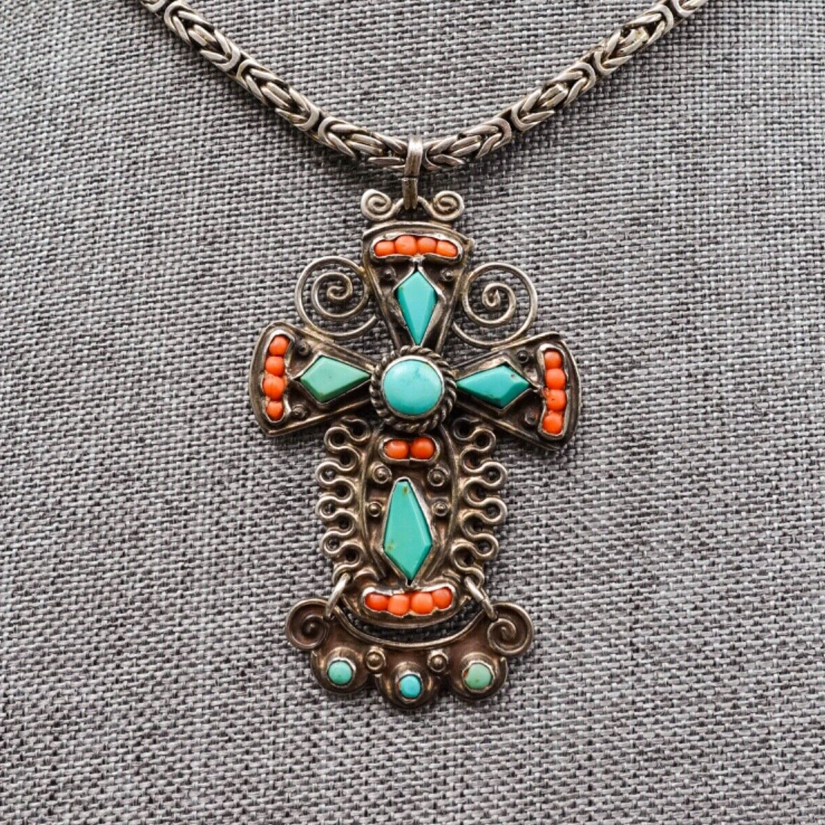 Matilde Poulat Matl Signed Sterling Silver Turquoise Coral Pendant Necklace