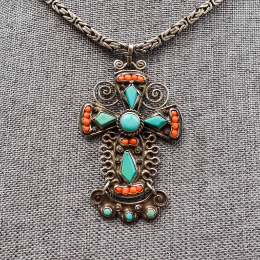 Matilde Poulat Matl Signed Sterling Silver Turquoise Coral Pendant Necklace