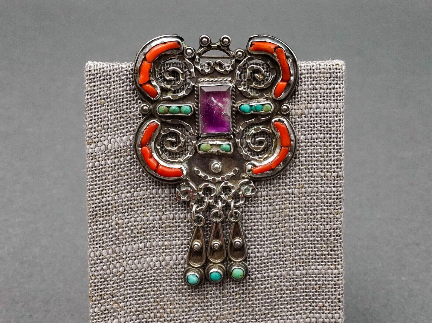 Matl Matilde Poulat Mexico Sterling Amethyst Turquoise Coral Brooch Pin (Read)