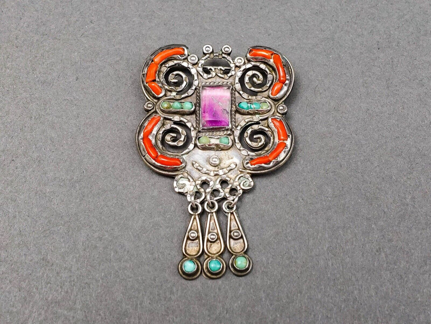 Matl Matilde Poulat Mexico Sterling Amethyst Turquoise Coral Brooch Pin (Read)