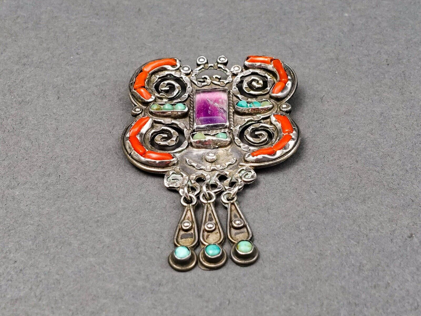 Matl Matilde Poulat Mexico Sterling Amethyst Turquoise Coral Brooch Pin (Read)