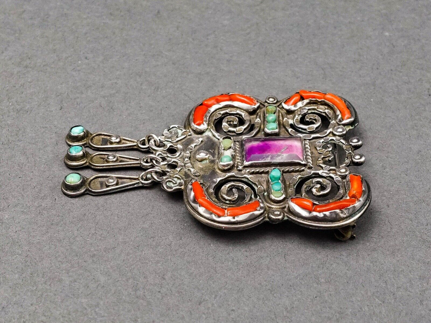 Matl Matilde Poulat Mexico Sterling Amethyst Turquoise Coral Brooch Pin (Read)