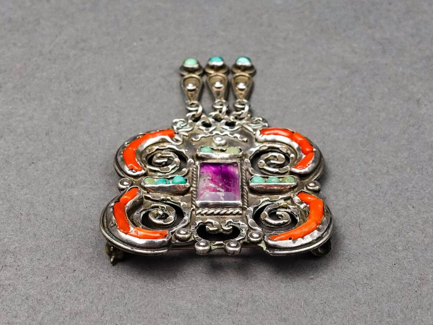 Matl Matilde Poulat Mexico Sterling Amethyst Turquoise Coral Brooch Pin (Read)