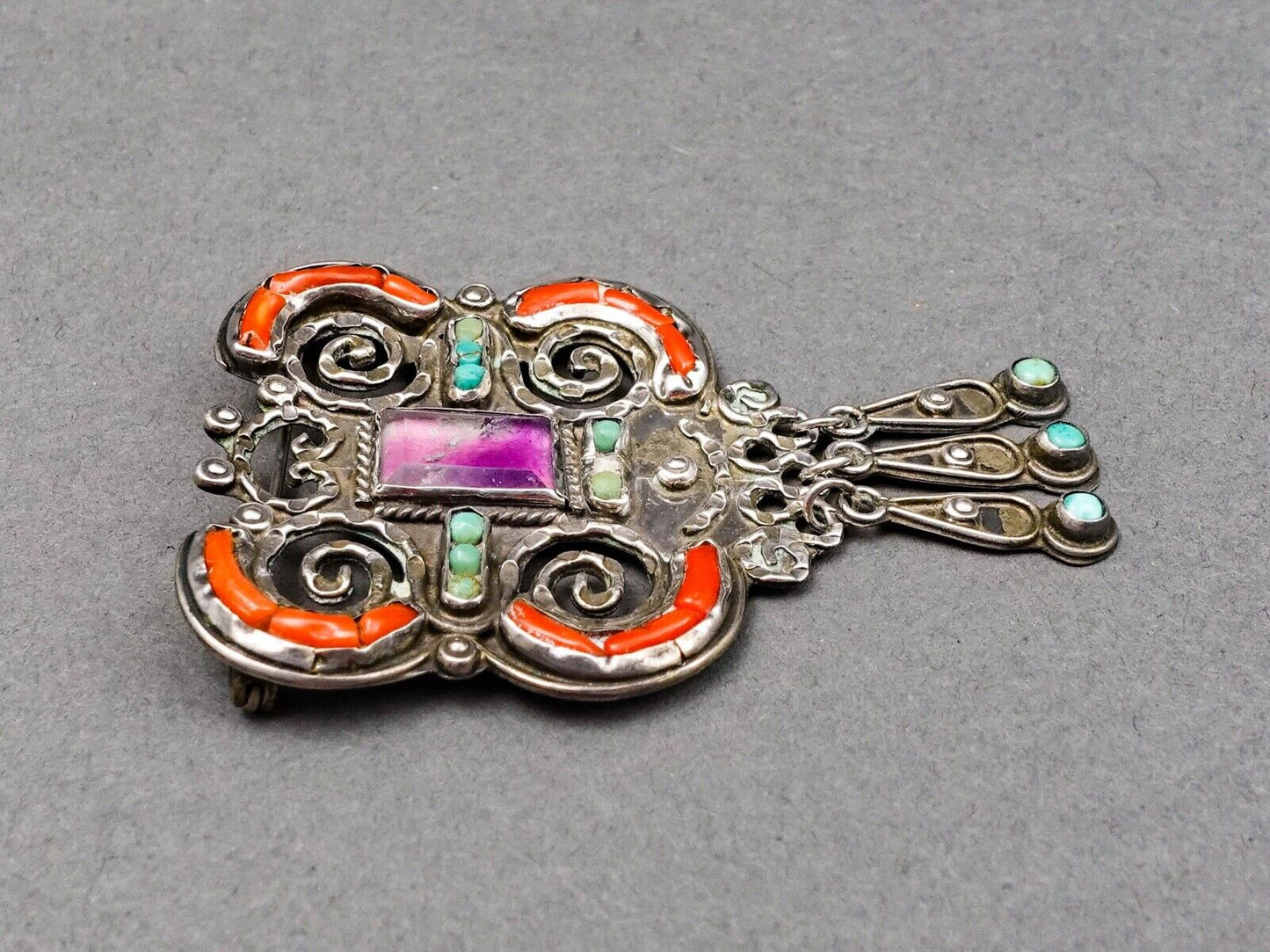 Matl Matilde Poulat Mexico Sterling Amethyst Turquoise Coral Brooch Pin (Read)
