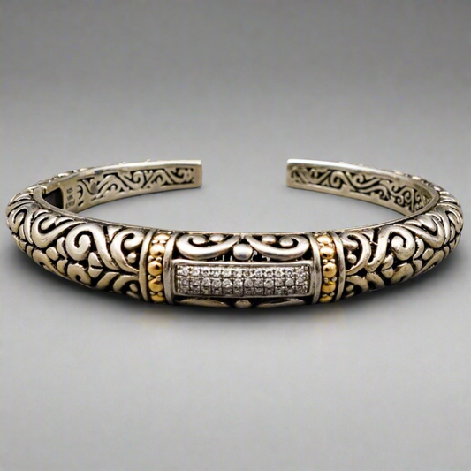Effy Balissima Diamond 18k Gold Sterling Silver Hinged Cuff Bangle Bracelet