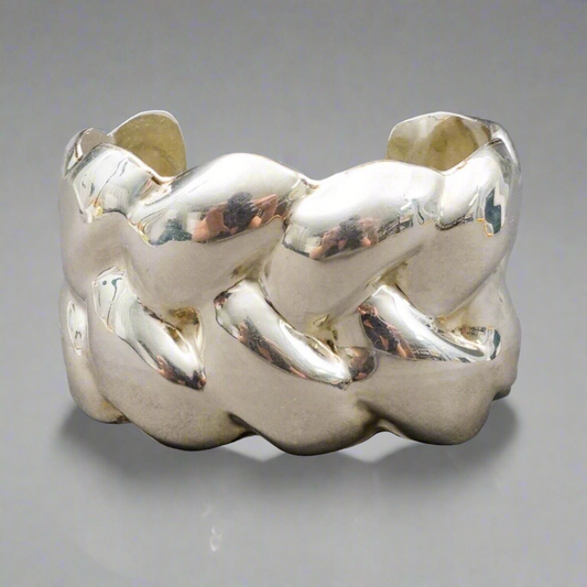 Taxco Mexico Alicia Signed Vintage 950 Silver Heavy Braided Wide Cuff Bracelet