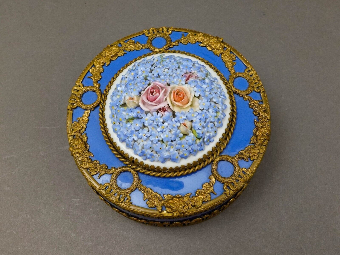 Royal Dux Czech Elfinware Floral Porcelain Bronze Ormolu Trinket Box 5 1/2"