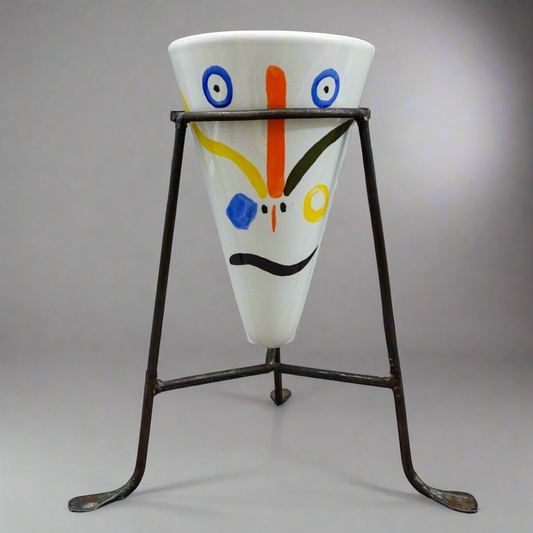 Vintage Ceramic Art Pottery On Iron Stand Cone Vase After Picasso Style