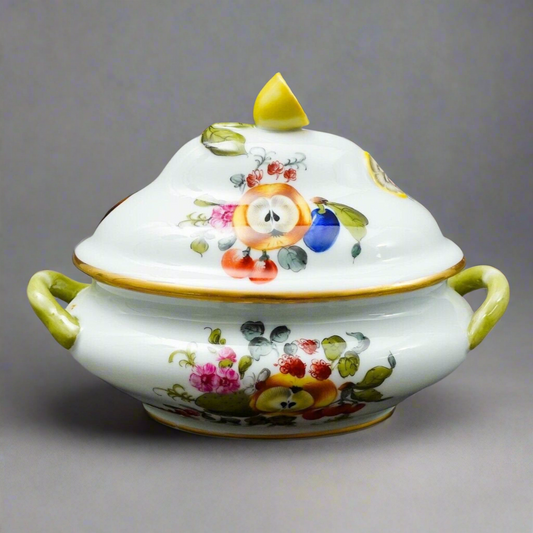 Herend Hungary Fruits Flowers Mini Lidded Tureen Sauce Boat Trinket Lemon Finial