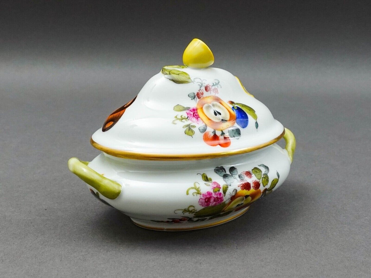 Herend Hungary Fruits Flowers Mini Lidded Tureen Sauce Boat Trinket Lemon Finial