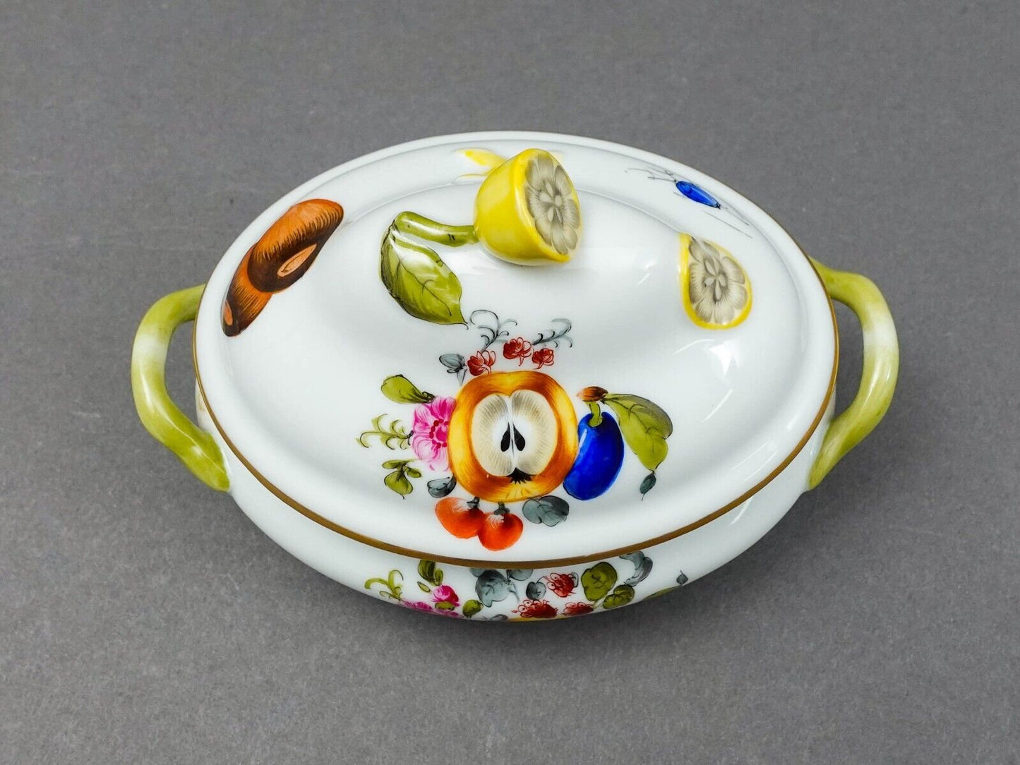 Herend Hungary Fruits Flowers Mini Lidded Tureen Sauce Boat Trinket Lemon Finial