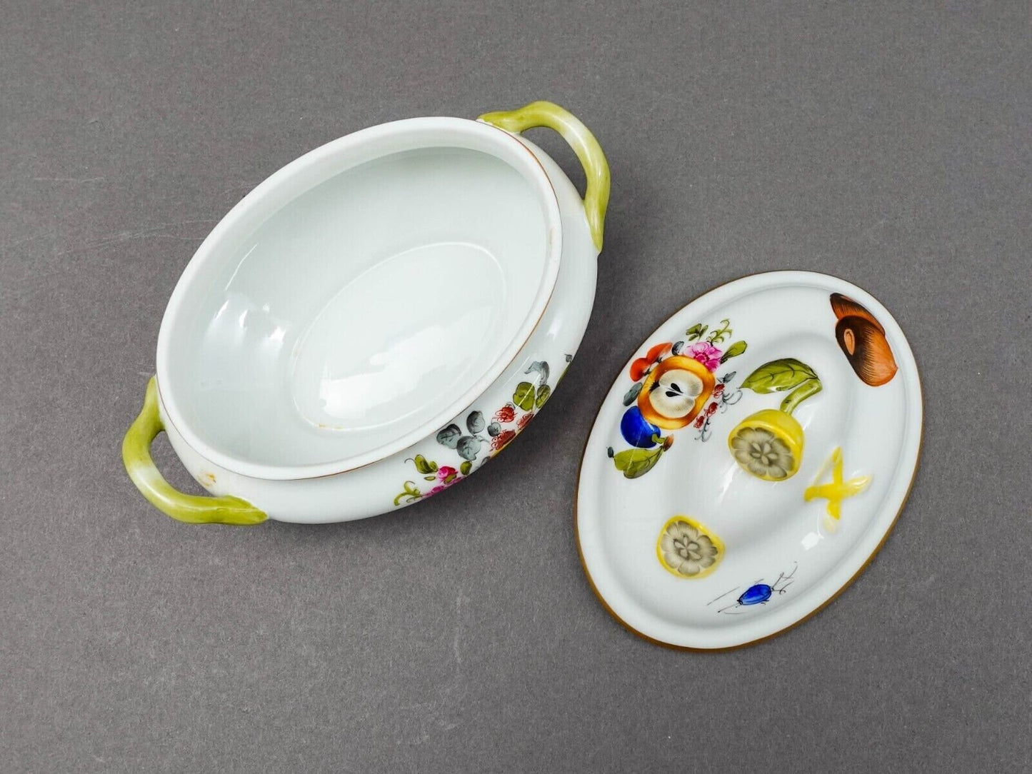 Herend Hungary Fruits Flowers Mini Lidded Tureen Sauce Boat Trinket Lemon Finial