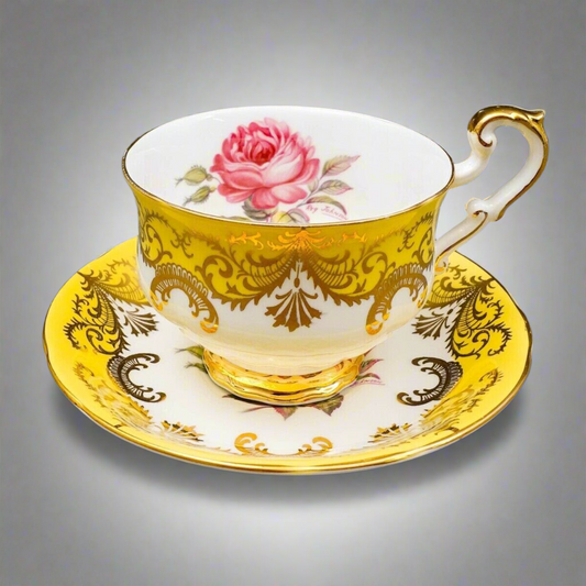 Paragon England Antique Rose Vintage Yellow Tea Cup & Saucer Signed Reg Johnson