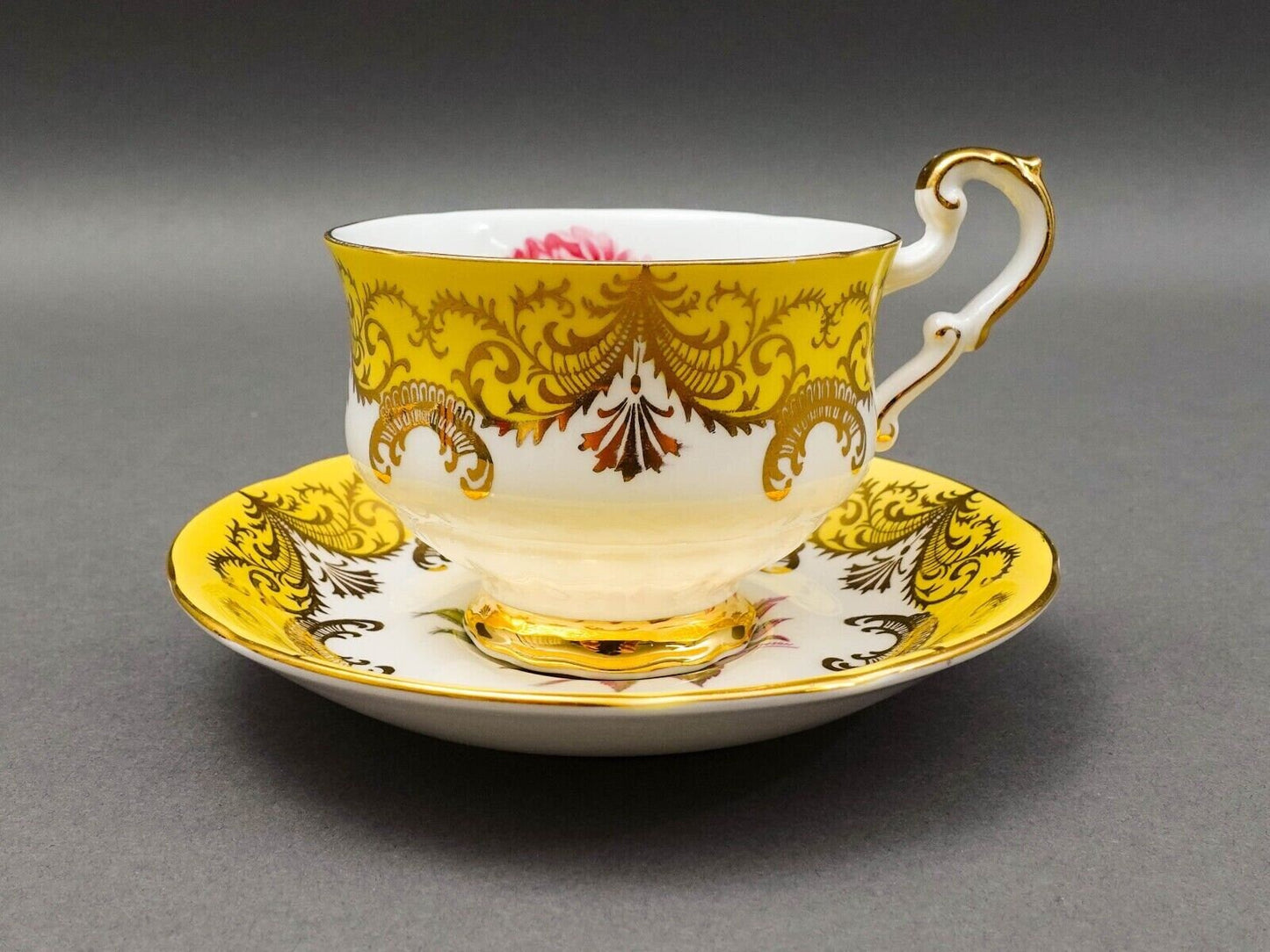Paragon England Antique Rose Vintage Yellow Tea Cup & Saucer Signed Reg Johnson