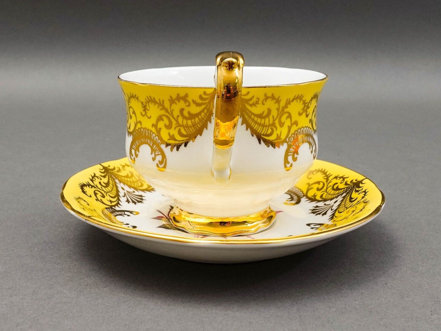 Paragon England Antique Rose Vintage Yellow Tea Cup & Saucer Signed Reg Johnson