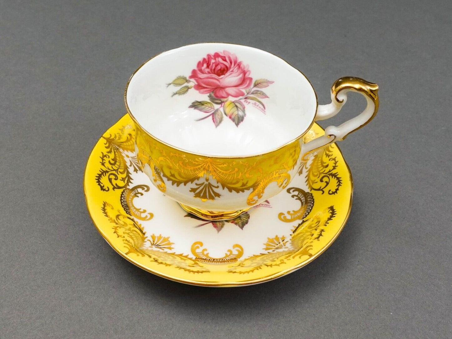 Paragon England Antique Rose Vintage Yellow Tea Cup & Saucer Signed Reg Johnson