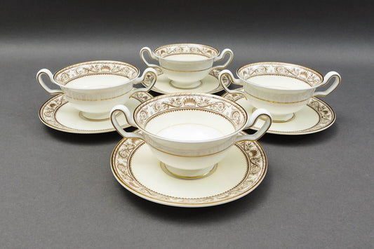Wedgwood England Runnymede Cream Bone China Cream Soup Bowls & Saucers Set Of 4