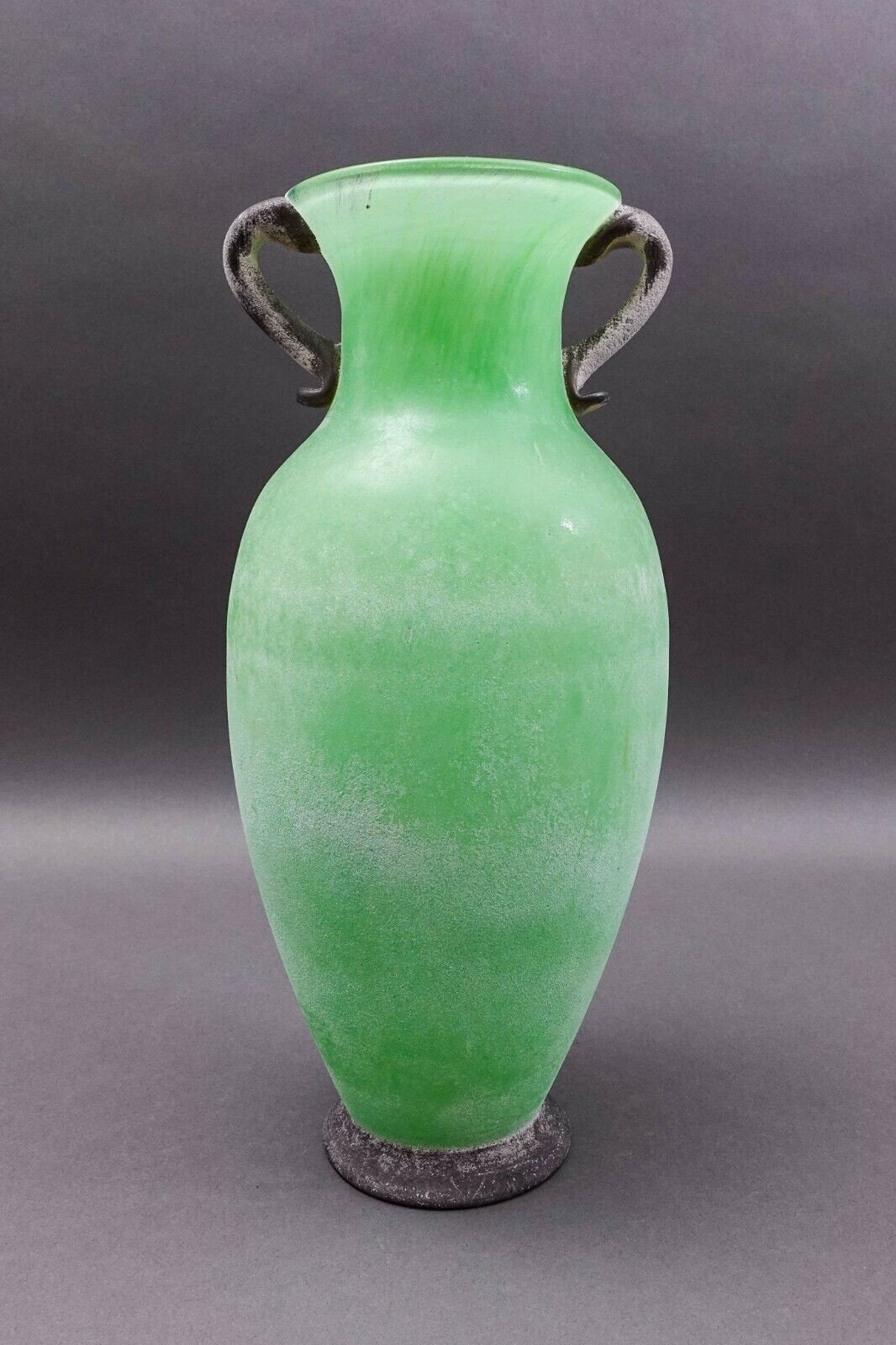 Murano Italian Vintage Mid Century Green Scavo Art Glass Amphora Vase 13 3/4"