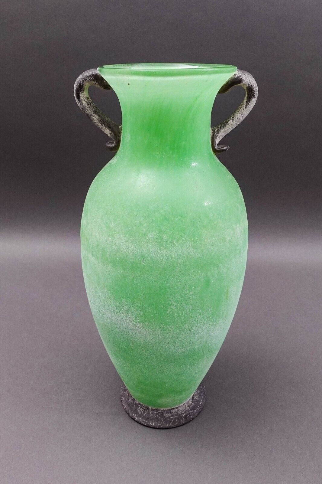 Murano Italian Vintage Mid Century Green Scavo Art Glass Amphora Vase 13 3/4"