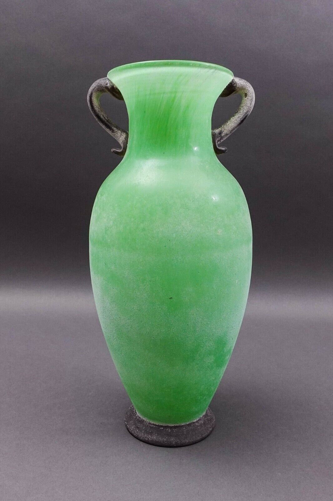 Murano Italian Vintage Mid Century Green Scavo Art Glass Amphora Vase 13 3/4"
