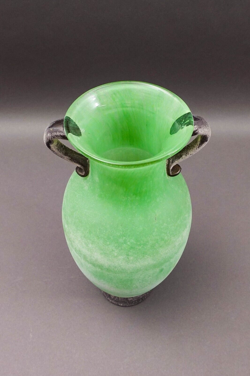 Murano Italian Vintage Mid Century Green Scavo Art Glass Amphora Vase 13 3/4"