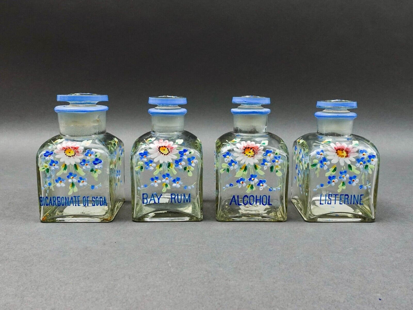 Apothecary Drug Store Antique Hand Painted Flowers Glass Vanity Bottles Set Of 4