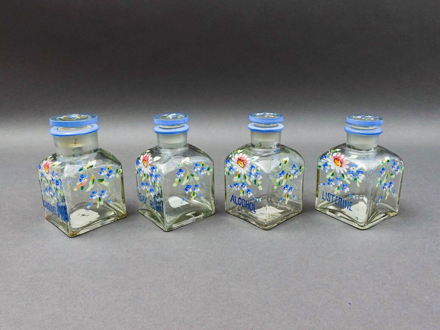 Apothecary Drug Store Antique Hand Painted Flowers Glass Vanity Bottles Set Of 4