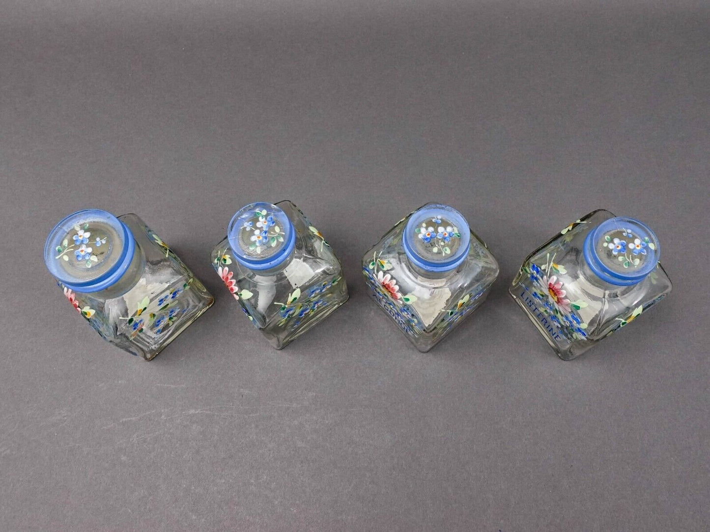 Apothecary Drug Store Antique Hand Painted Flowers Glass Vanity Bottles Set Of 4
