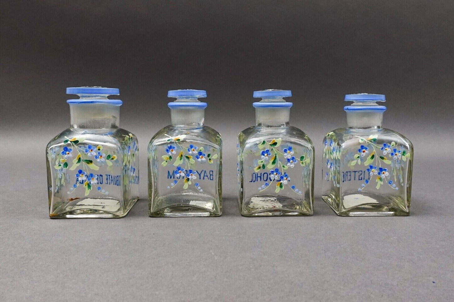 Apothecary Drug Store Antique Hand Painted Flowers Glass Vanity Bottles Set Of 4