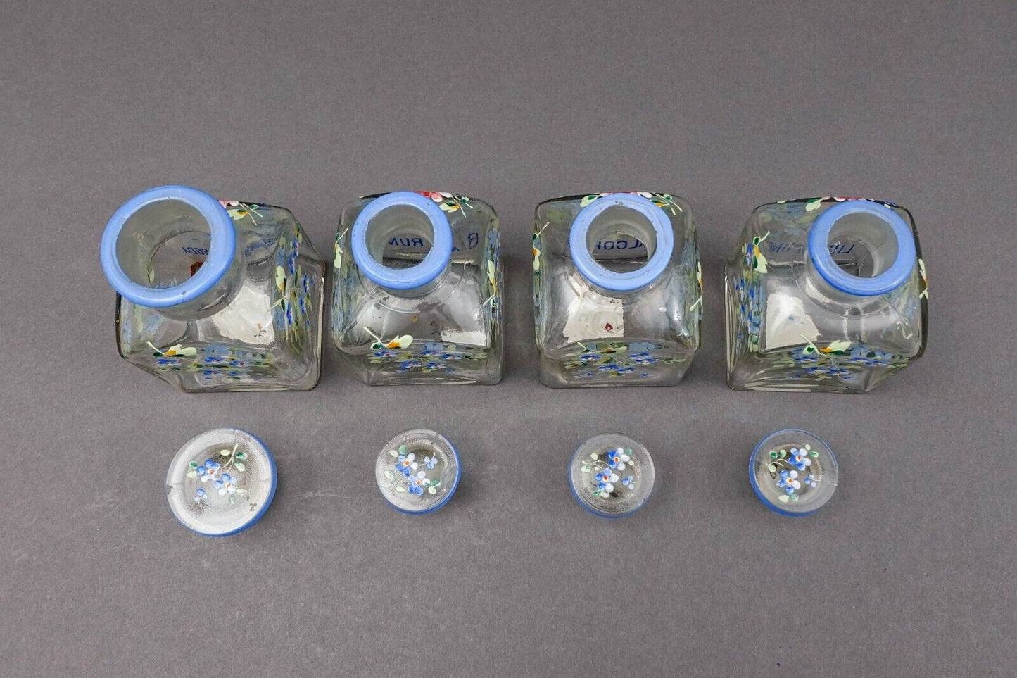 Apothecary Drug Store Antique Hand Painted Flowers Glass Vanity Bottles Set Of 4