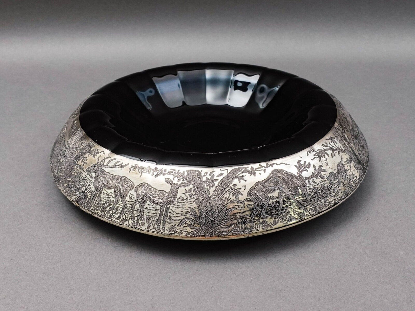 Paden City Ebony Black Forest Silver Overlay & Glass Rolled Console Bowl