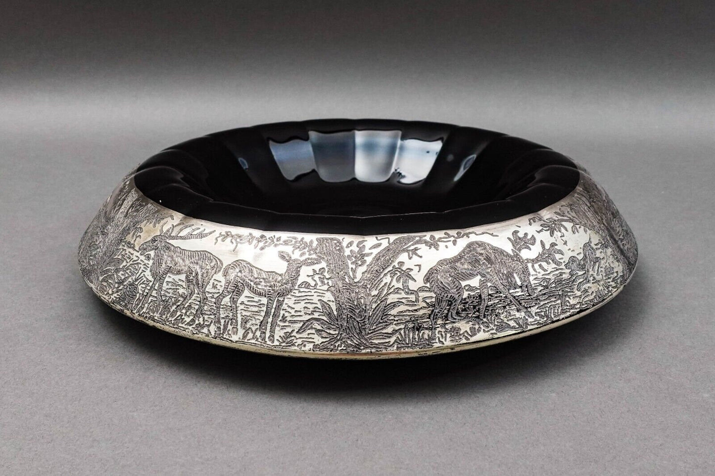 Paden City Ebony Black Forest Silver Overlay & Glass Rolled Console Bowl