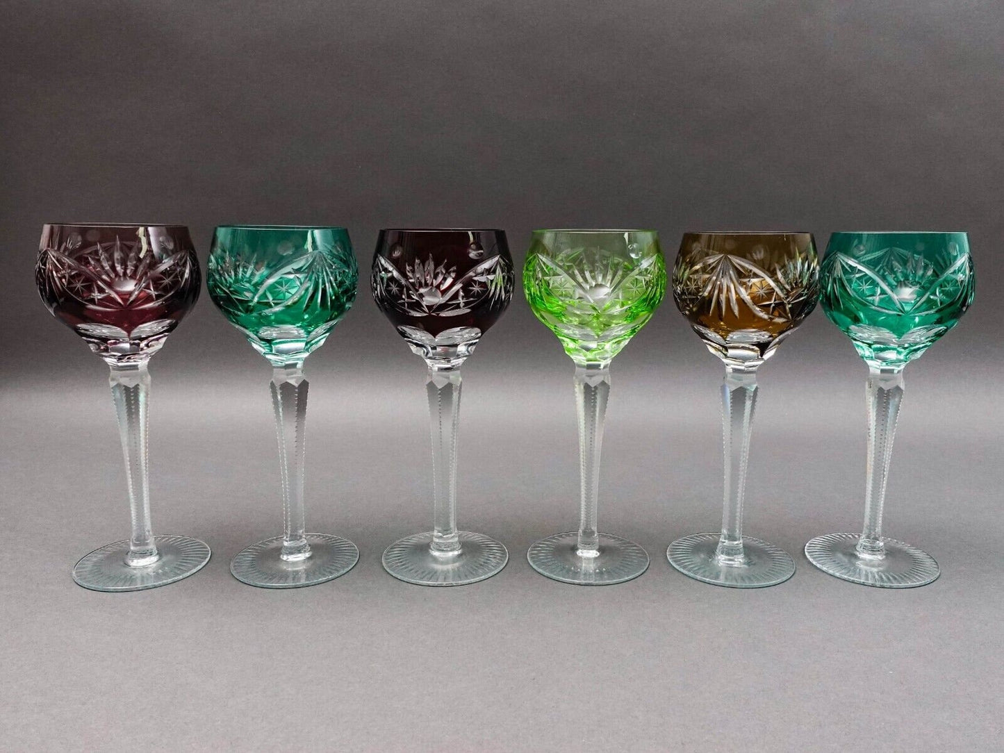 Lausitzer Bohemian Cut to Clear Fans Stars Roundlets Wine Hock Goblets Set Of 6