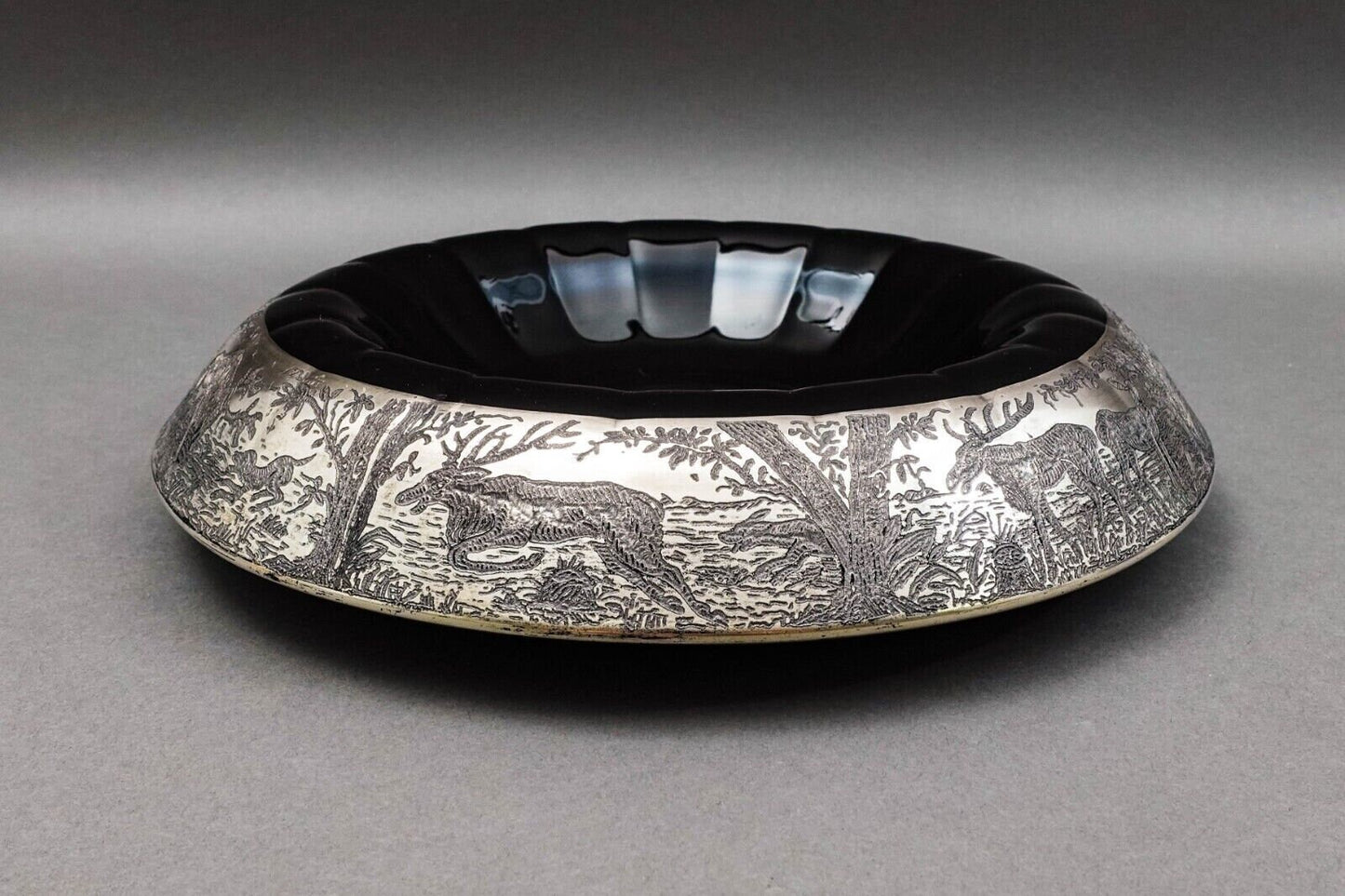 Paden City Ebony Black Forest Silver Overlay & Glass Rolled Console Bowl