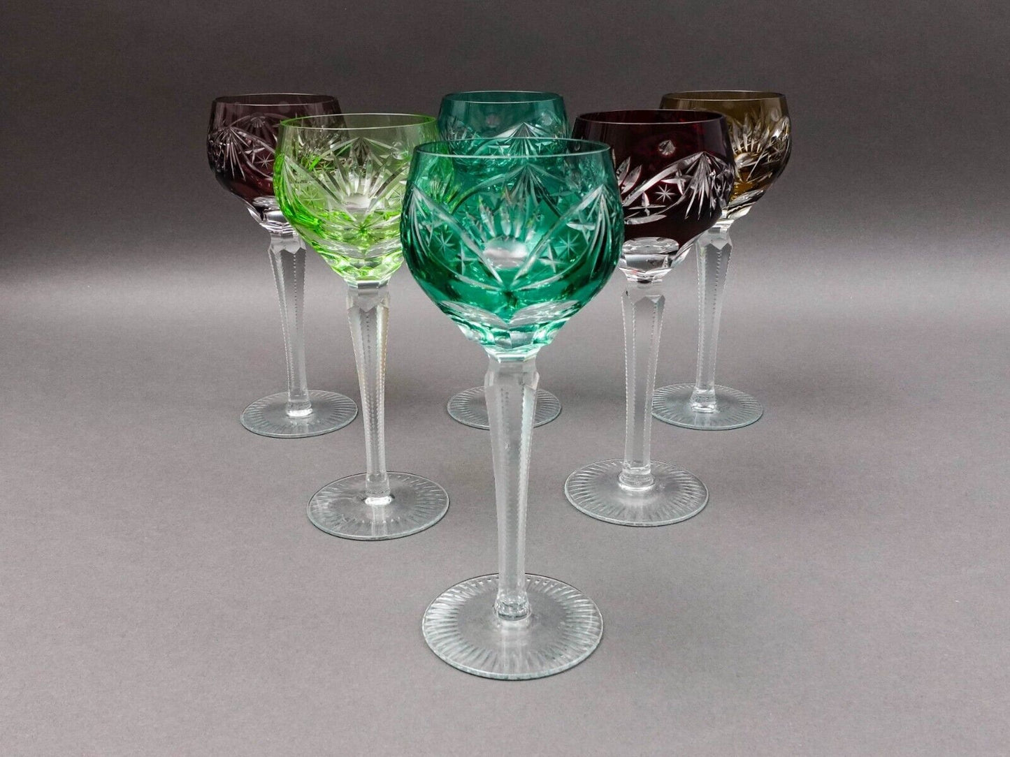 Lausitzer Bohemian Cut to Clear Fans Stars Roundlets Wine Hock Goblets Set Of 6