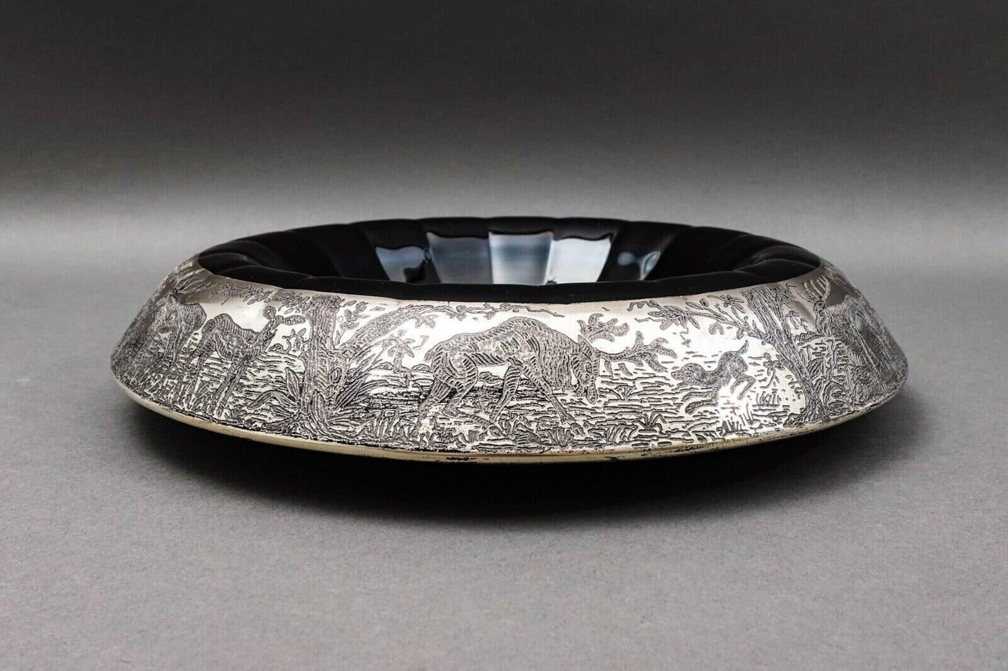 Paden City Ebony Black Forest Silver Overlay & Glass Rolled Console Bowl