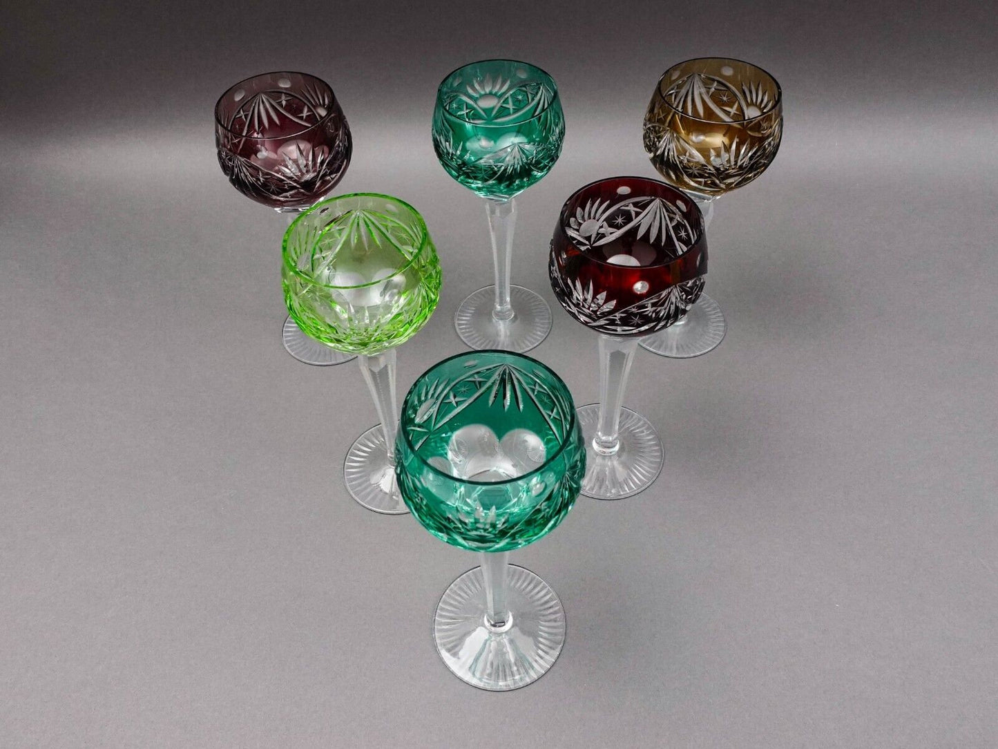 Lausitzer Bohemian Cut to Clear Fans Stars Roundlets Wine Hock Goblets Set Of 6