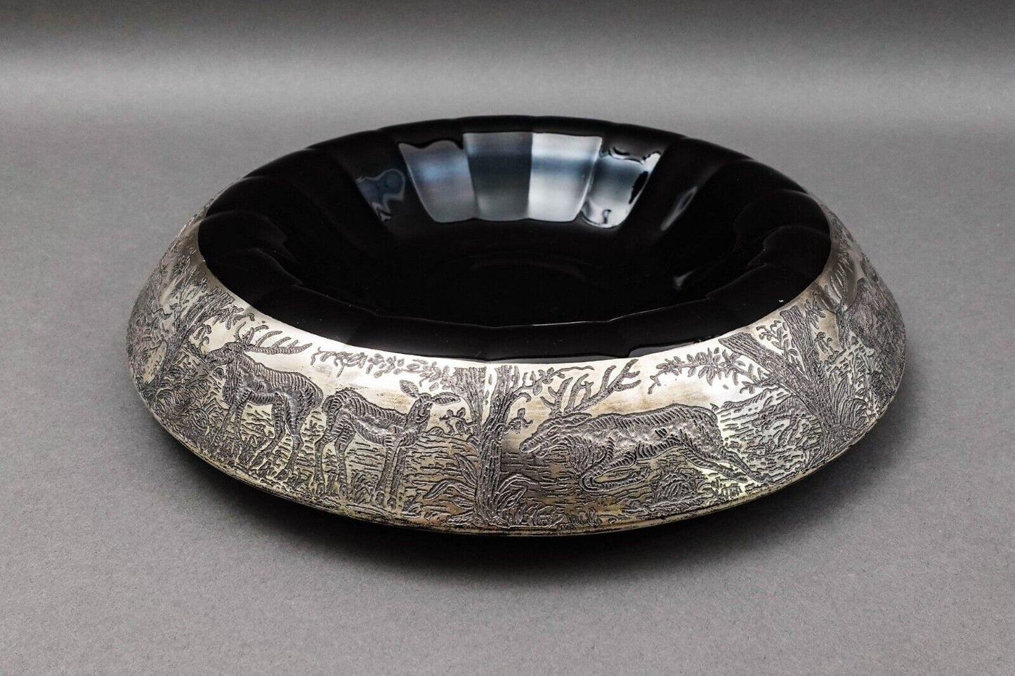 Paden City Ebony Black Forest Silver Overlay & Glass Rolled Console Bowl