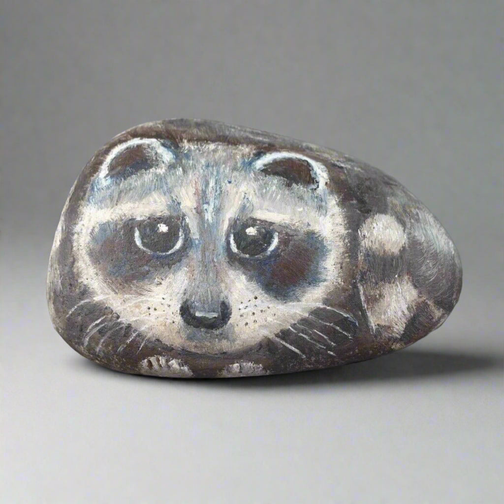 Ginny Hensler Signed Hand Painted Original Artwork Raccoon Rock Stone