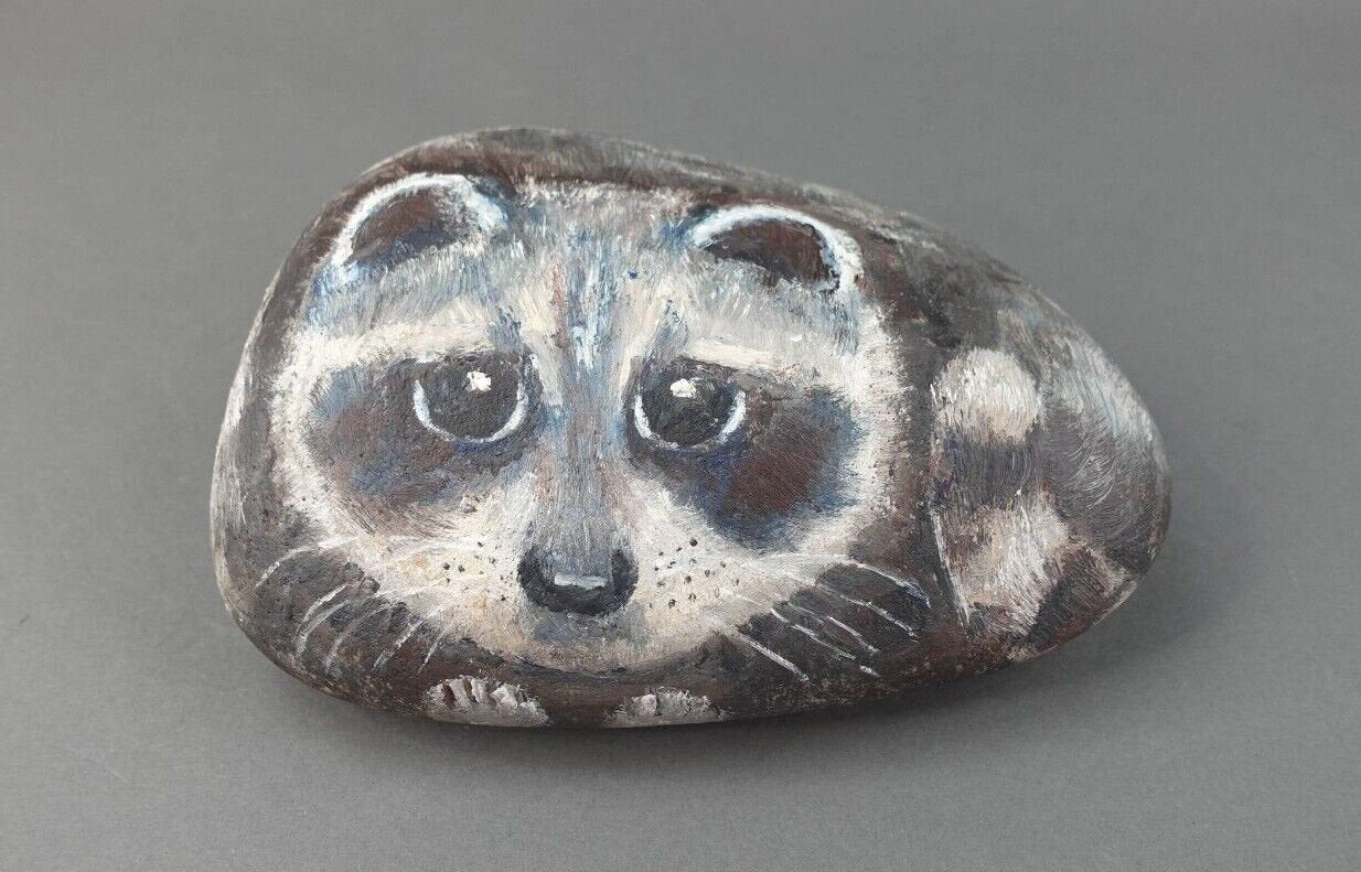 Ginny Hensler Signed Hand Painted Original Artwork Raccoon Rock Stone