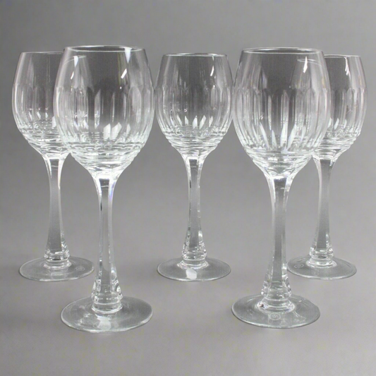 VS Acid Etched Signed Elegant French Cut Crystal Ellipse Wine Glasses Set Of 5